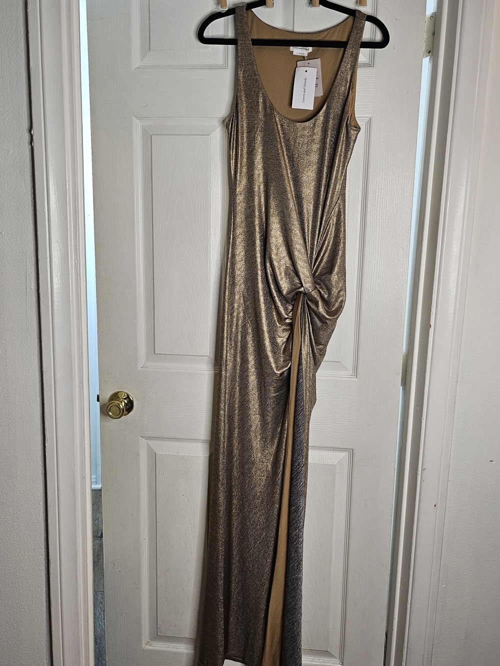 Lovers + Friends Metallic Gold Ruched Maxi Dress with High Slit - Picture 5 of 11